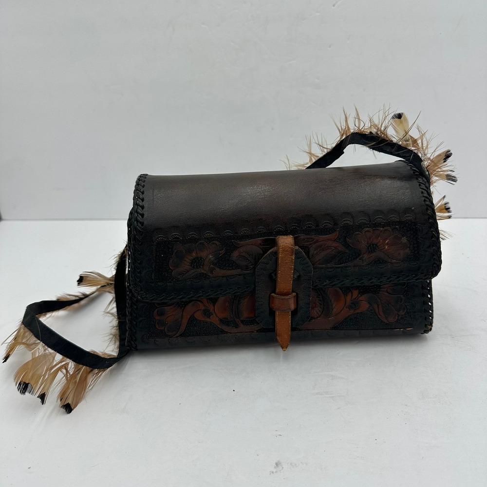 Vintage Western Boho Hand Tooled Leather Crossbody Bag Feather Strap Handbag 70s